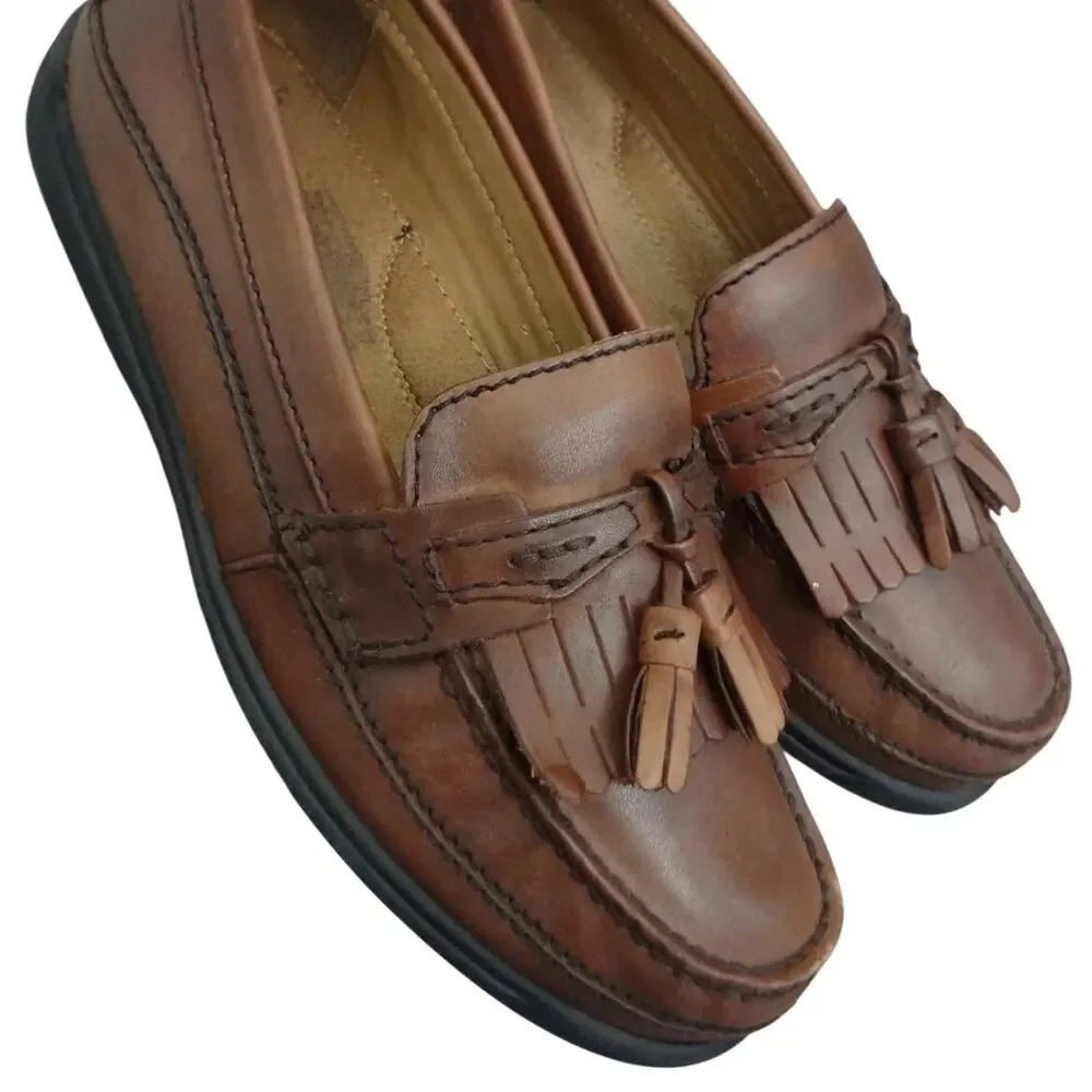 Vintage 90s Y2K DOCKERS Brown Leather Loafers Boat Men 9.5 Tassel Kiltie Casual